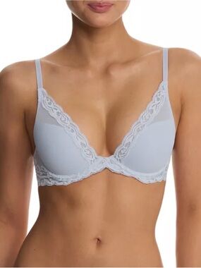 Natori Feathers Bra 32D Frosted Sky Powder Blue Lace Plunge